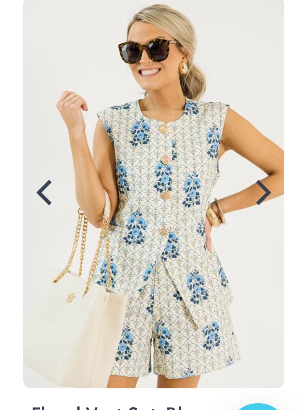 Cream and Blue Floral Jean Short Set - Women